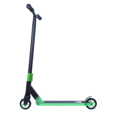 Customized green stunt scooter with chrome steel handlebar and aluminum deck